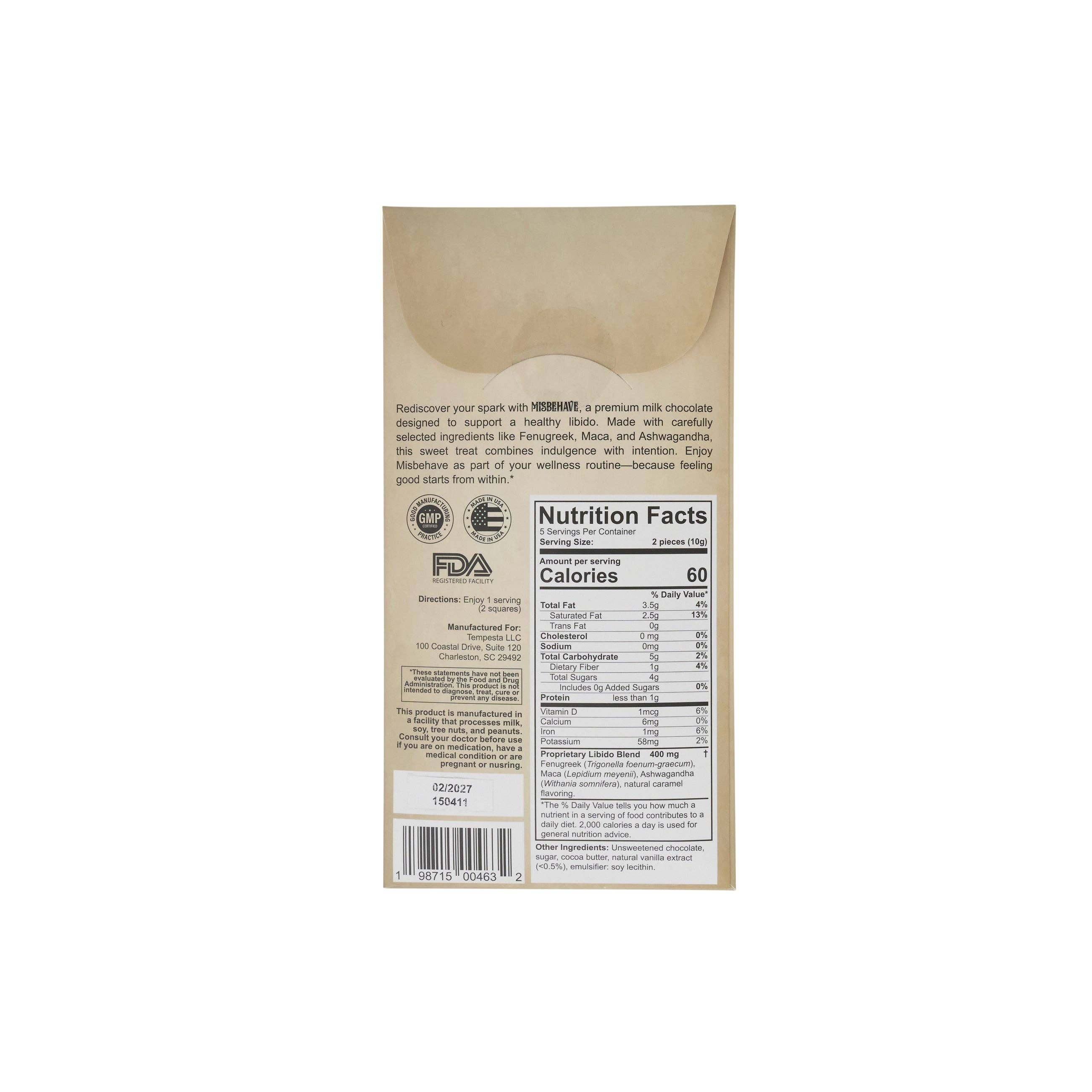 MisBehave Milk Chocolate - Crafted w/plant-based ingredients Fenugreek, Maca, & Ashwagandha
