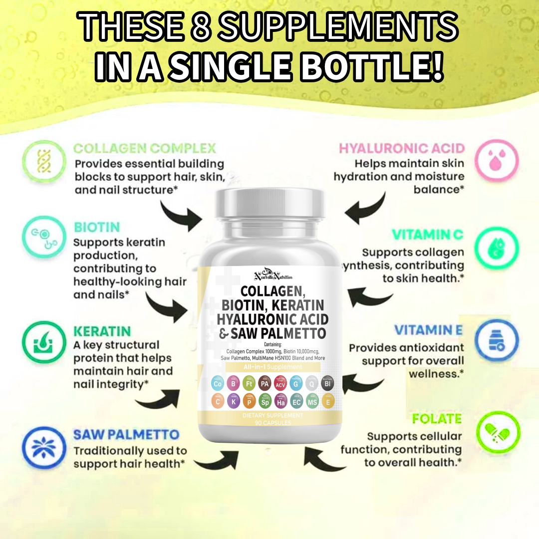 Collagen, Biotin, Keratin, Hyaluronic Acid, Saw Palmetto, Vitamin C, PABA, Pumpkin Seed, Quercetin, ACV, Folate, MSM, Vitamin E & Black Pepper – 90 Capsules
