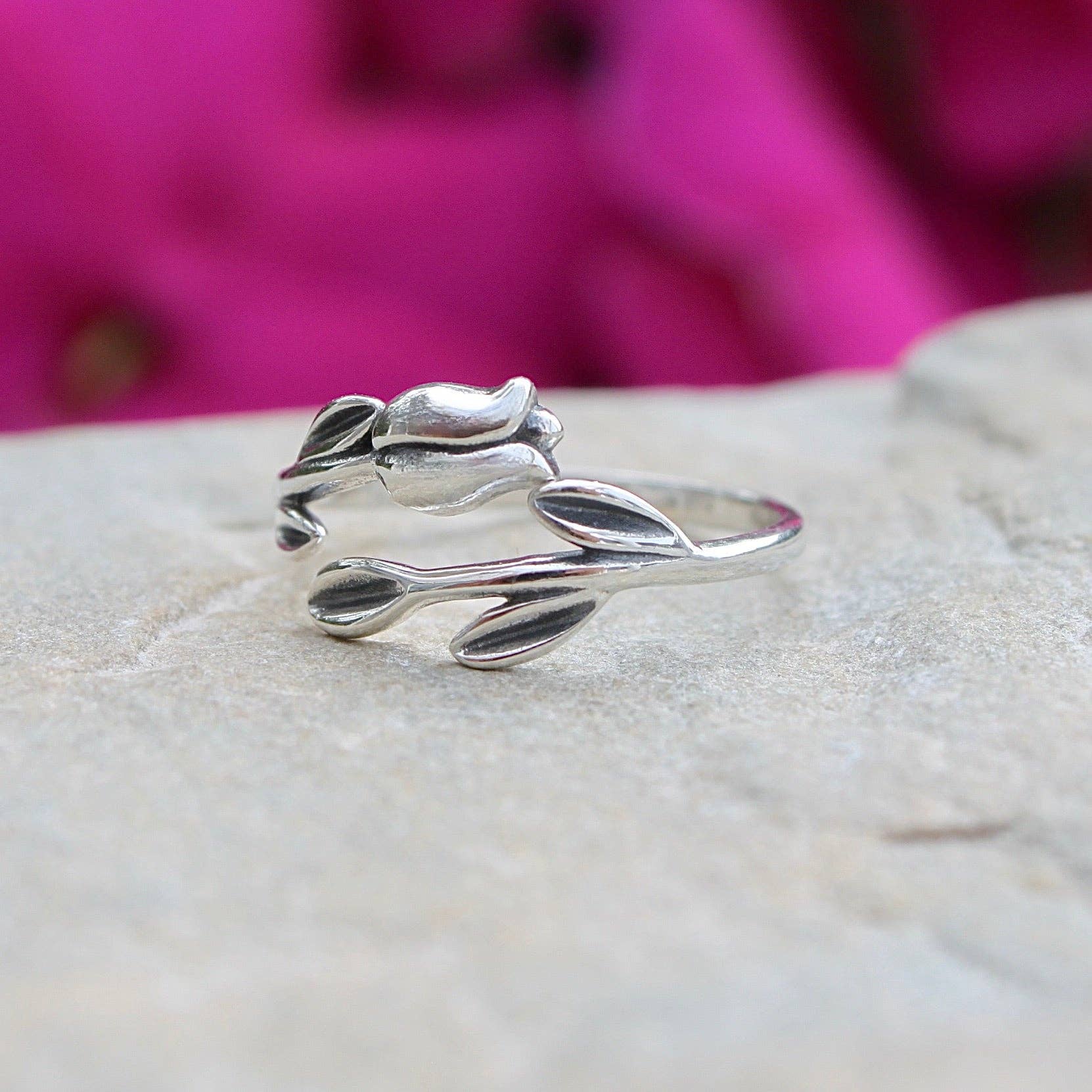 Tulip Flower Ring - Sterling Silver (adjustable size 7)