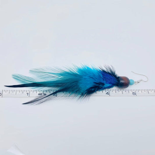 Blue Feather Earrings with a Wooden Bead
