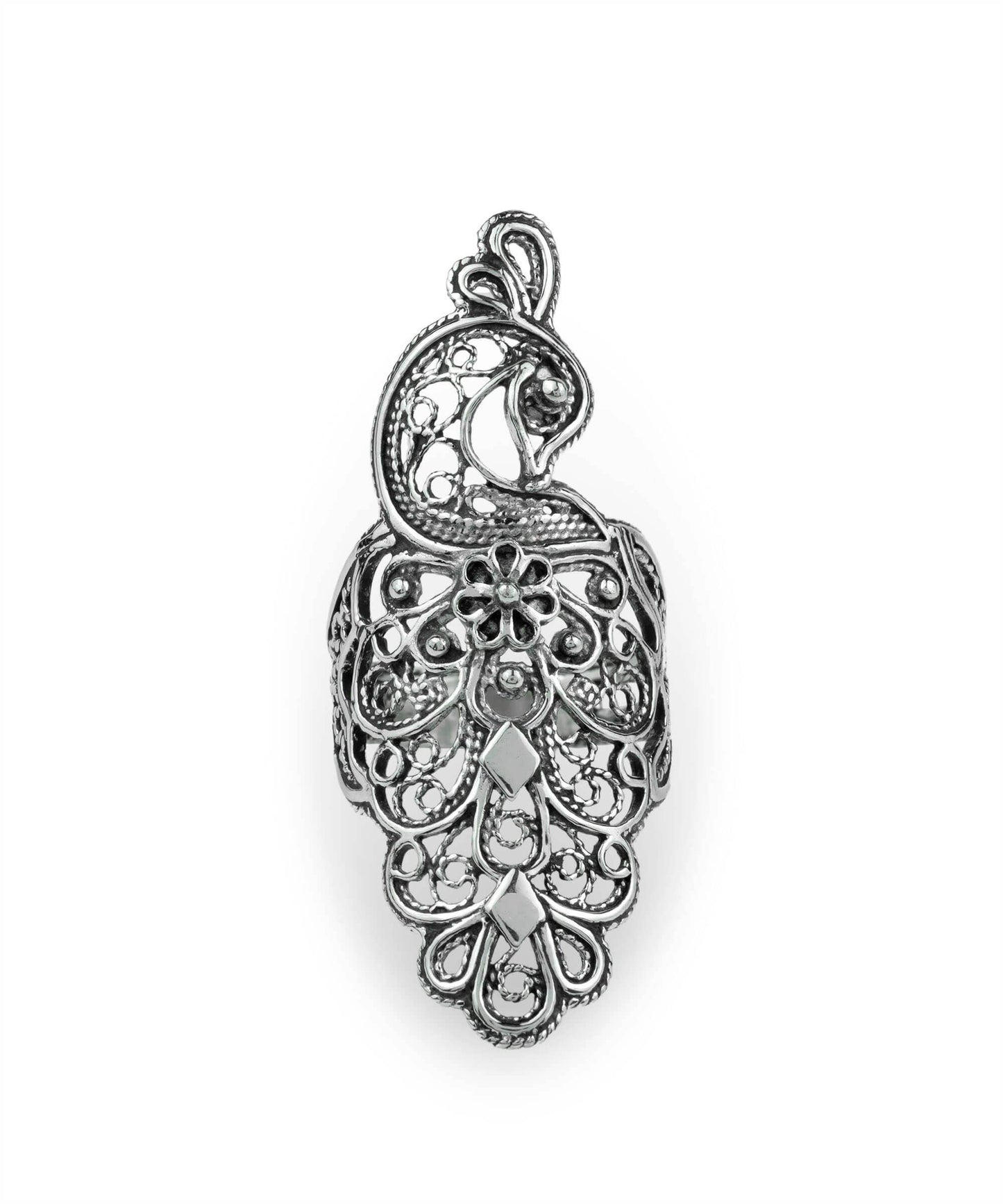 Peacock Filigree Sterling Silver Big Ring (Size 9)