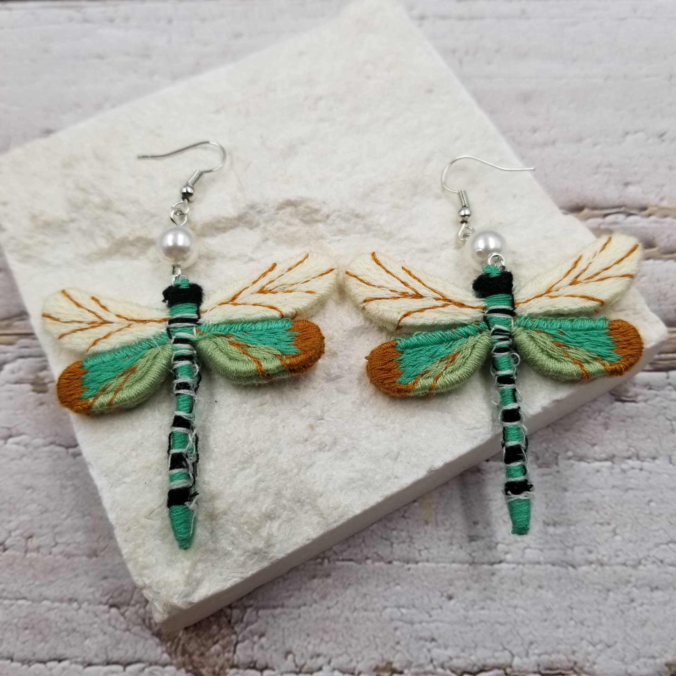 Green Dragonfly Earrings - Woven Cloth Design!