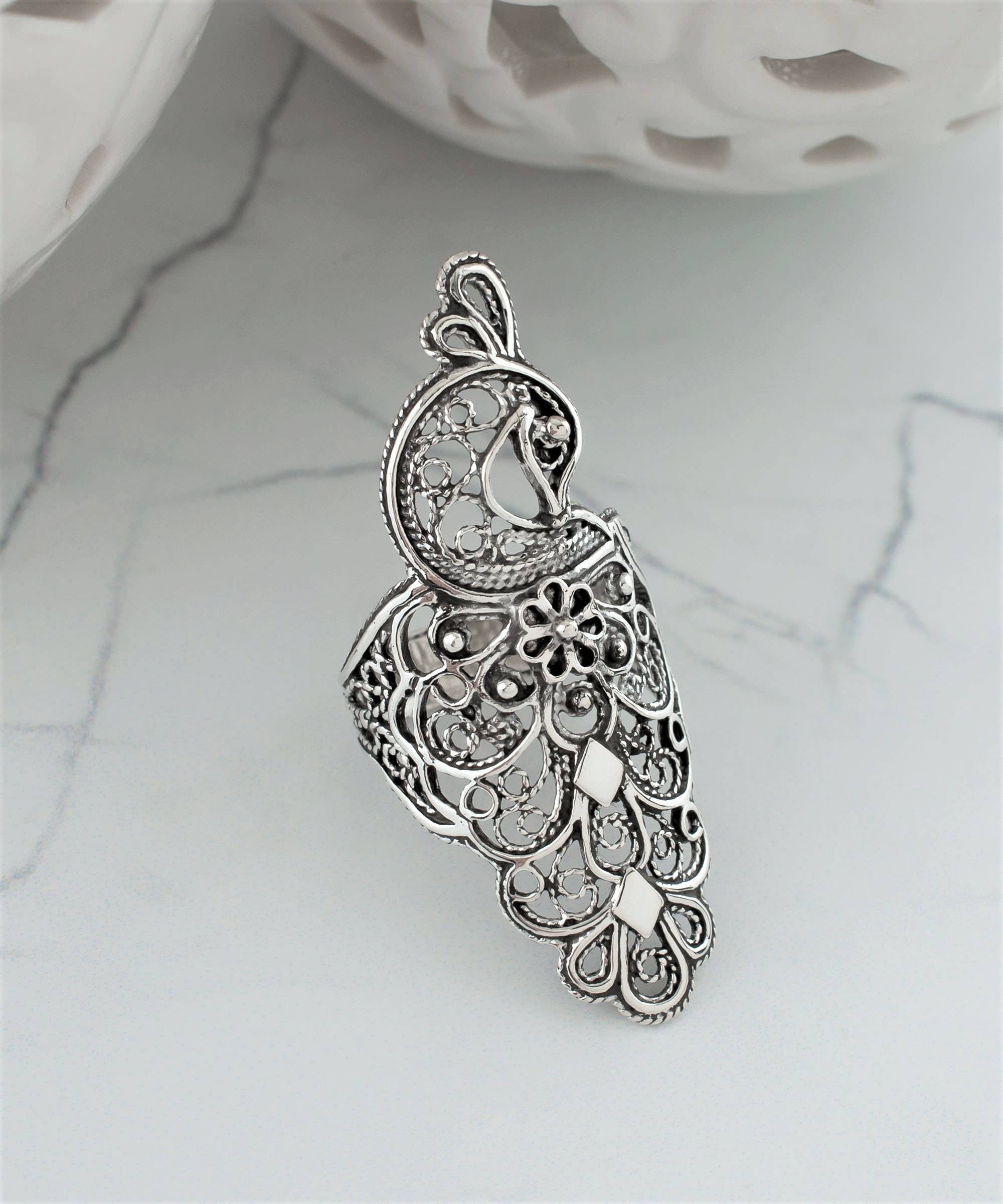 Peacock Filigree Sterling Silver Big Ring (Size 9)