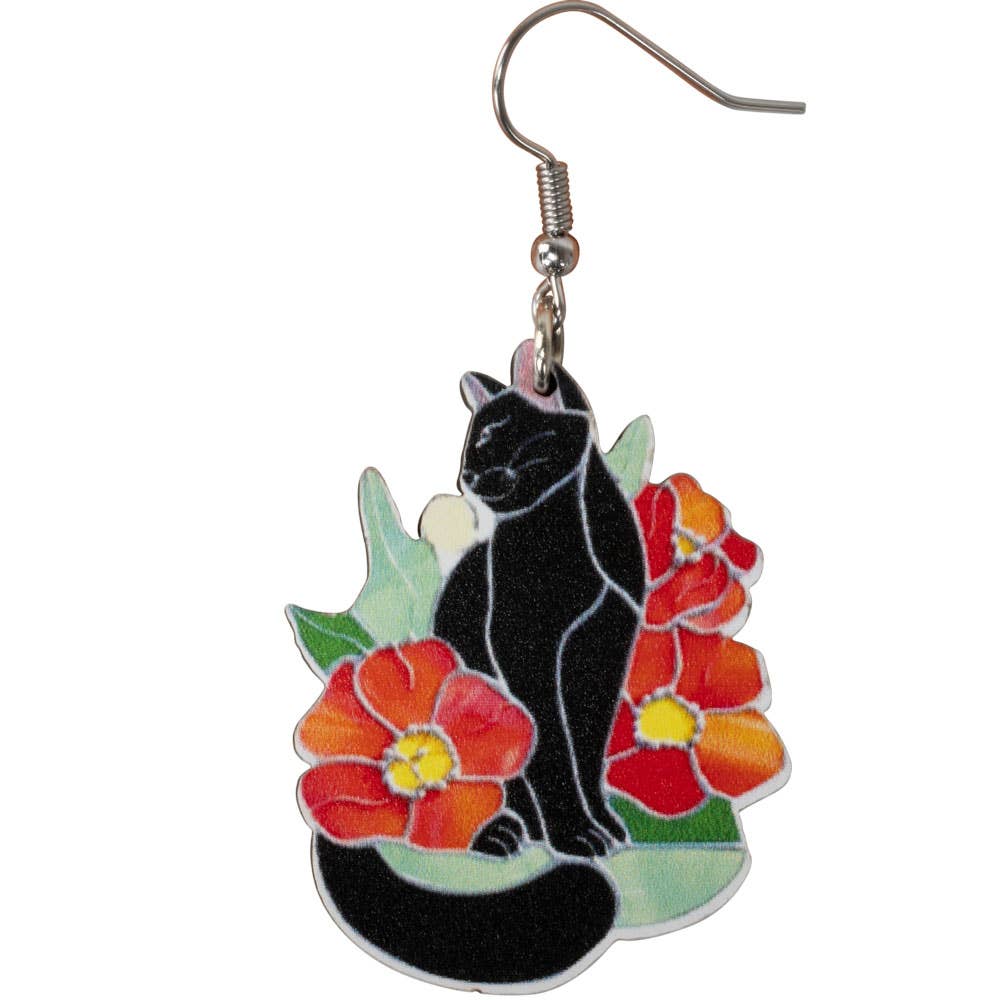 Black Cat Flower Wooden Earrings