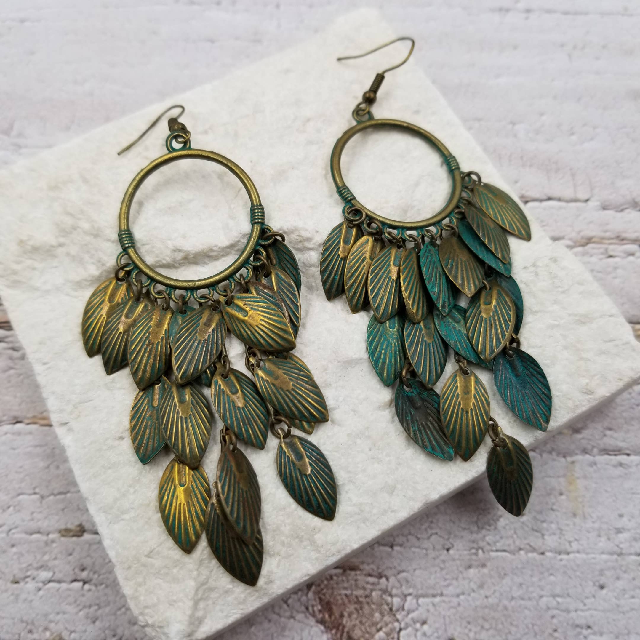 Green & Bronze Leaf Tassel Earrings - Nature Inspired