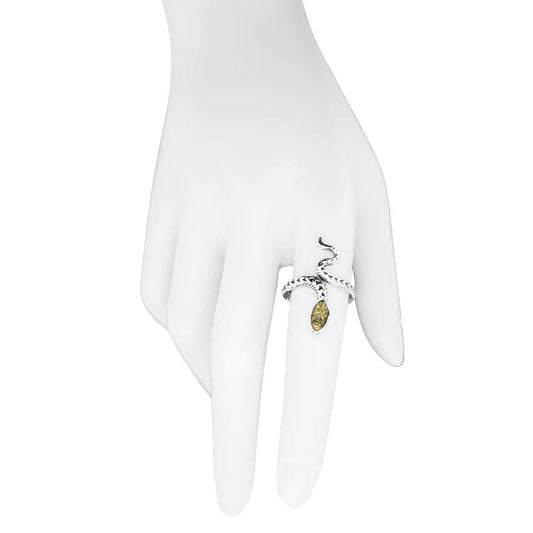 Green Amber Serpentine Wrap Ring - Sterling Silver & Adjustable