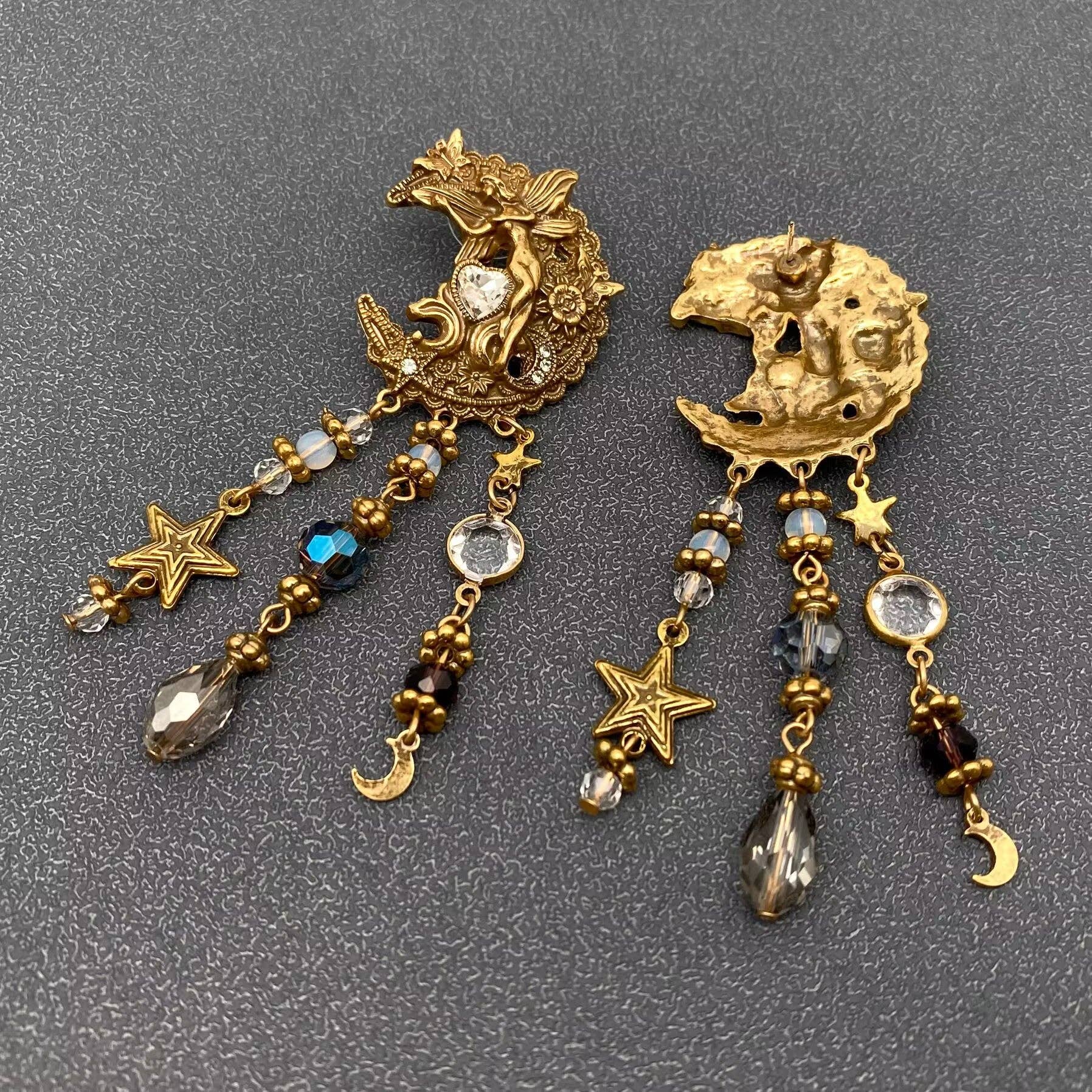 Fairy & Moon Dangling Earrings with 3 pillars of Stars