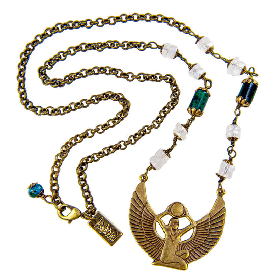 Egyptian Goddess Isis Necklace with Blue Azurite & Moonstone