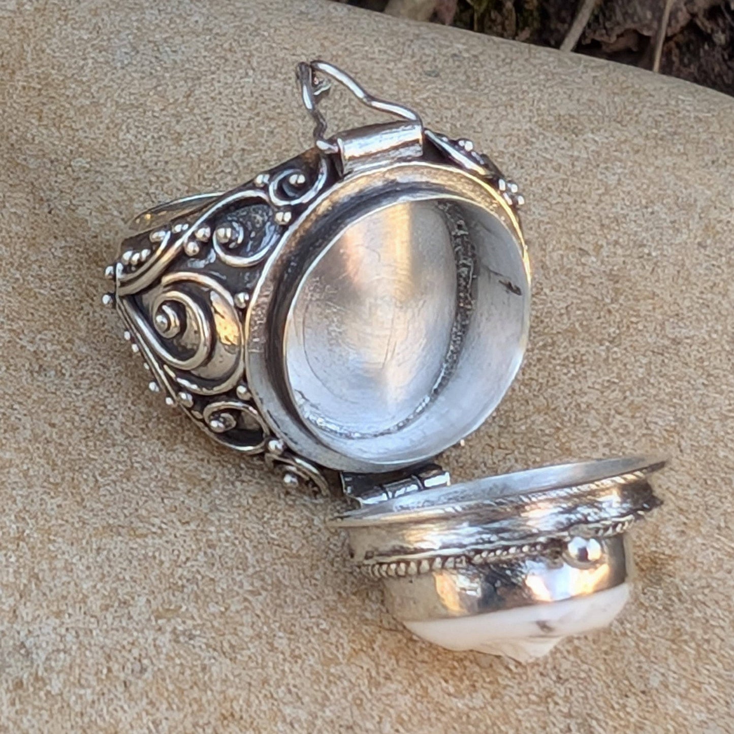 Moon Goddess Ring - Hidden Chamber with Carved Bone (Size 9.5)
