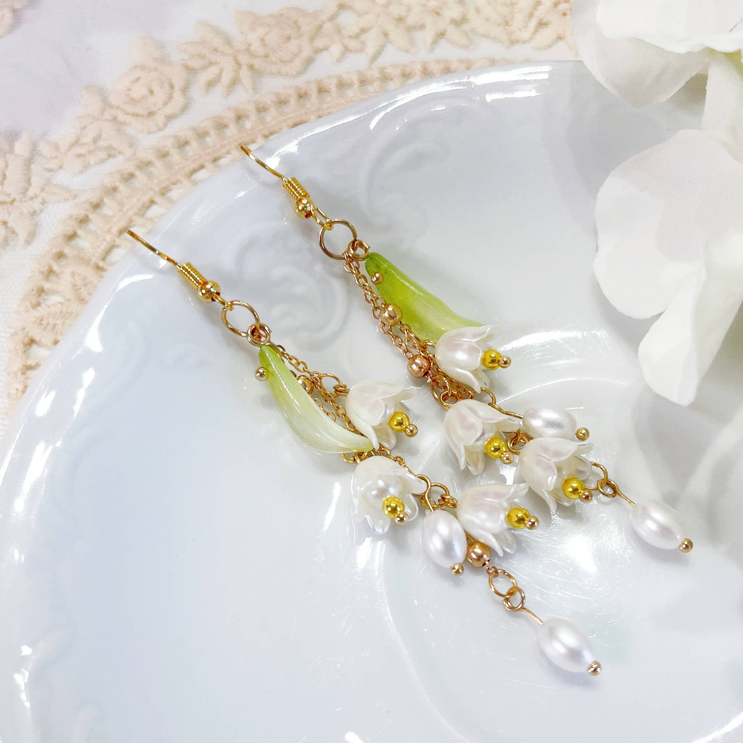 Lily Flower Dangle Earrings, 18K gold finish, S925 Silver Post (Handmade in NY)