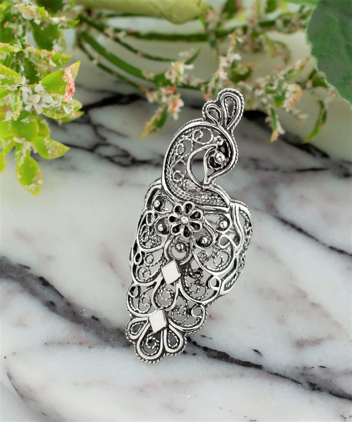 Peacock Filigree Sterling Silver Big Ring (Size 9)