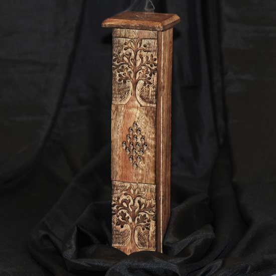 Tree of Life Incense Burner - Vertical Design, Hand-carved Mango Wood