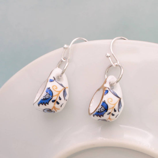 Genuine Ceramic Teacup Earrings (Blue & Gold)
