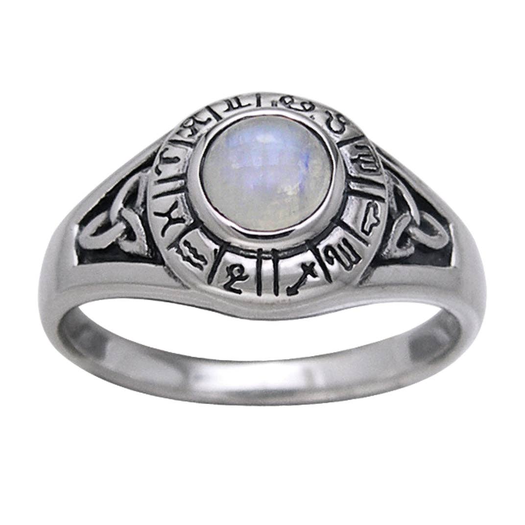 Zodiac Wheel with Moonstone Center & Celtic Knot Ring (Size 11)