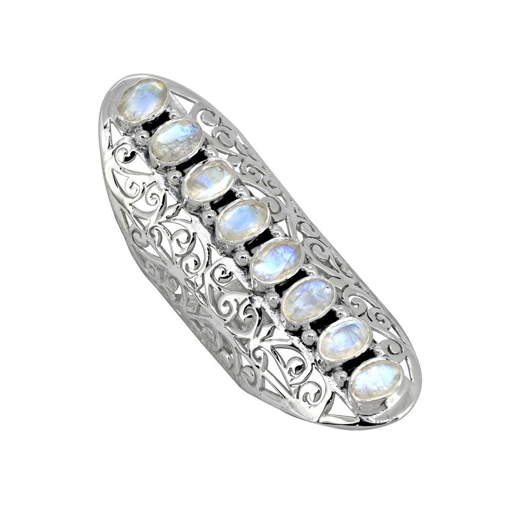 Extra Long Moonstone Ring Stacked in 8 Gemstones, set in Filigree Silver