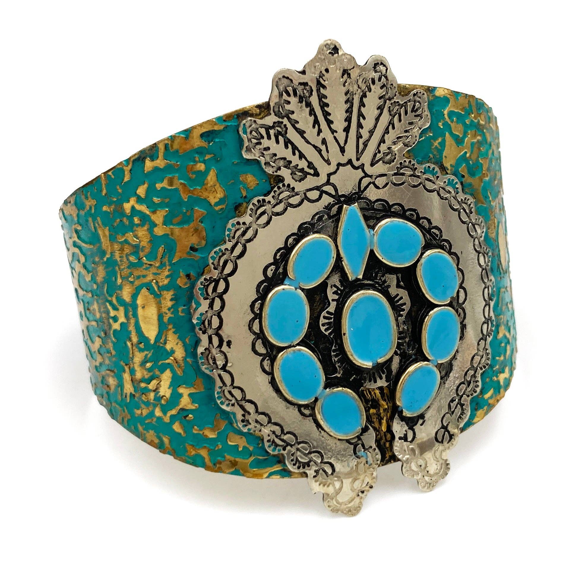 Honoring the Plant - Squash Blossom Wide Patina Metal Cuff