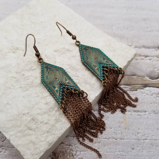 Bronze & Teal Tassel Earrings with Medieval Palace Design