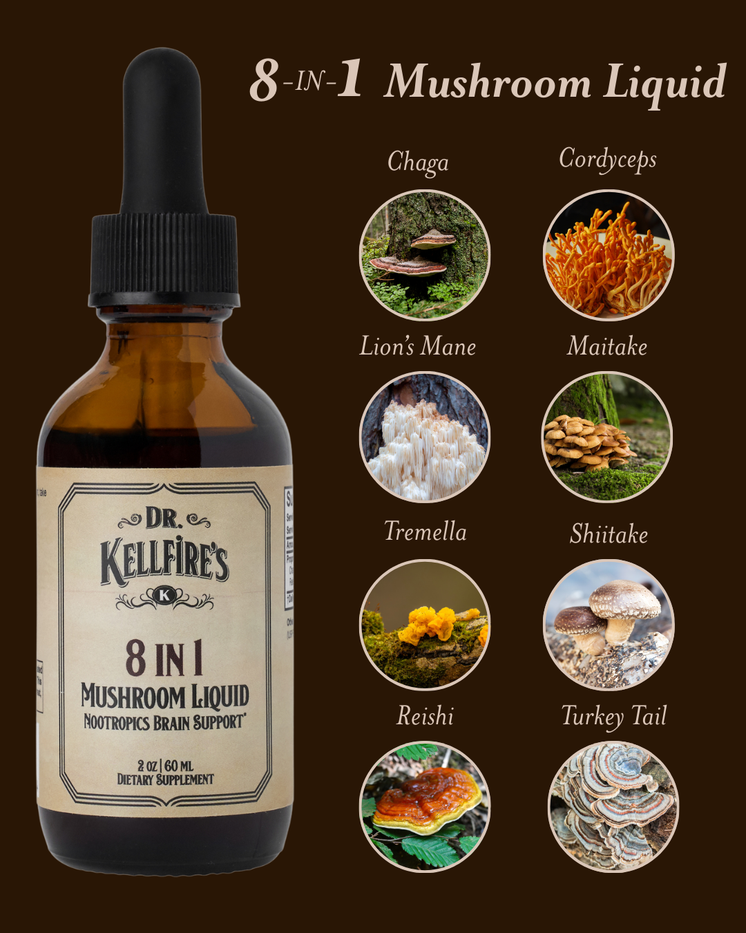 8 in 1 Mushroom Tincture w/Chaga, Mane, Reishi, Maitake, Shiitake, Tremella, & Turkey Tail