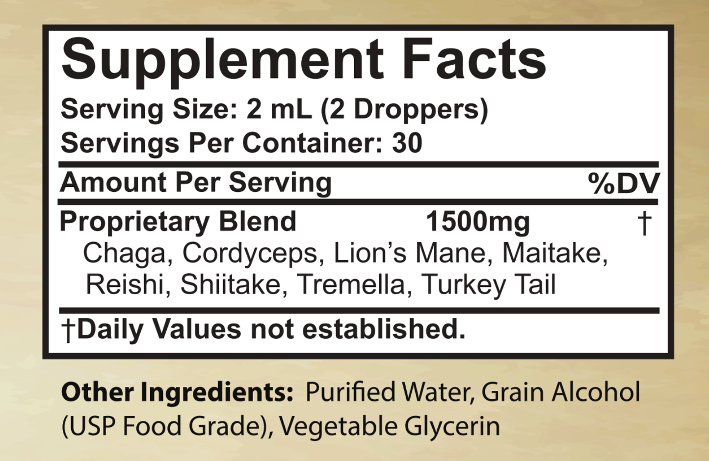 Supplement label with ingredient list on a beige background. Sold at Townsend Draft Goods.