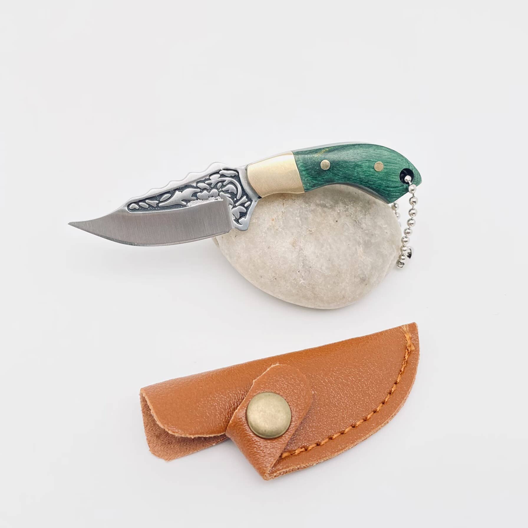 Stainless Steel Mini Knife with carved blade and leather cover - Wood & Brass Handle