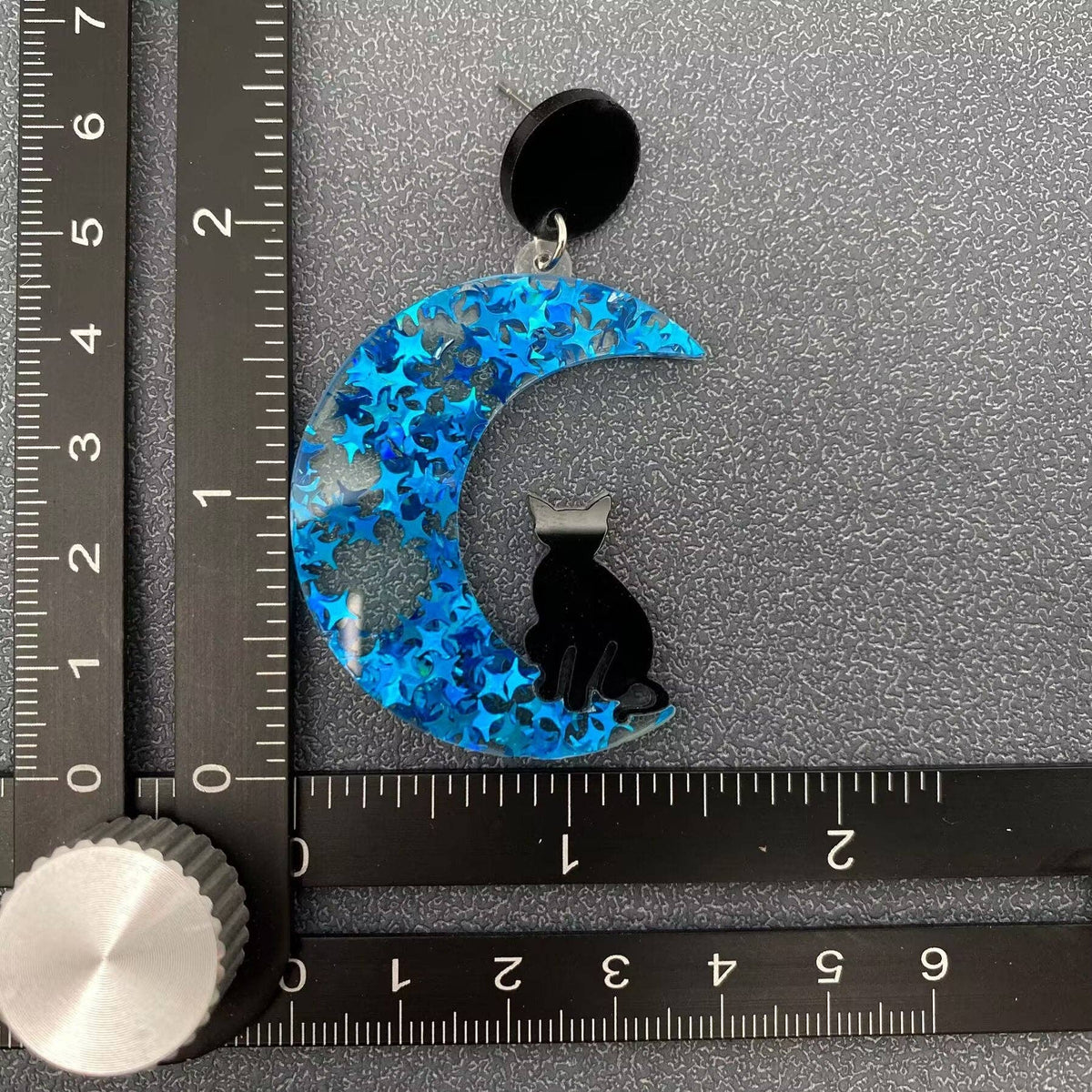 Black Cat On Blue Star Moon Dangle Earrings