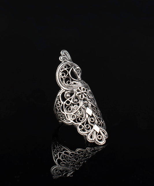 Peacock Filigree Sterling Silver Big Ring (Size 9)