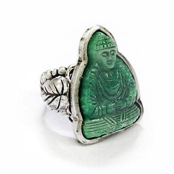Jade Glass Buddha Ring with Bodhi Tree Leaves (adjustable)