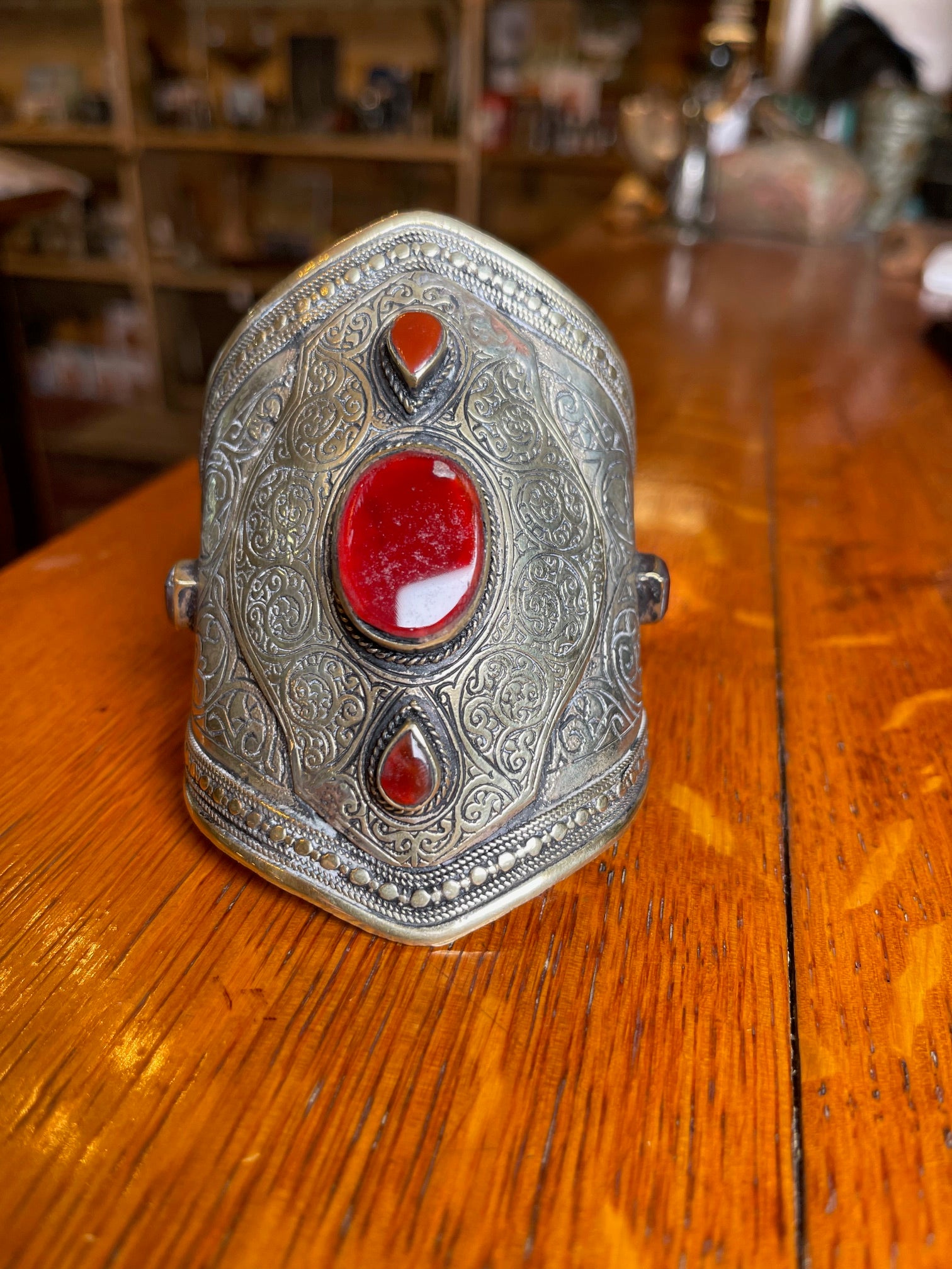 Warrior Goddess Carved Cuff Bangle w/Carnelian Gemstone