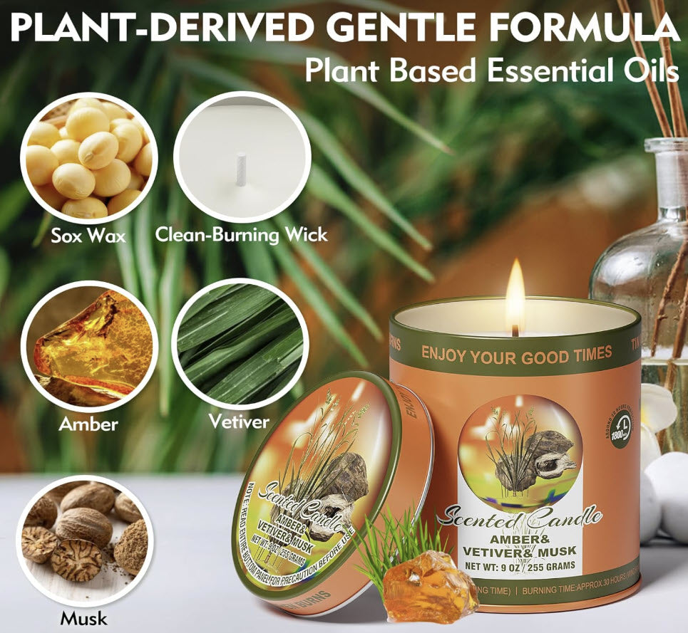 Amber Vetiver Musk Soy Candle - 9 oz Tin