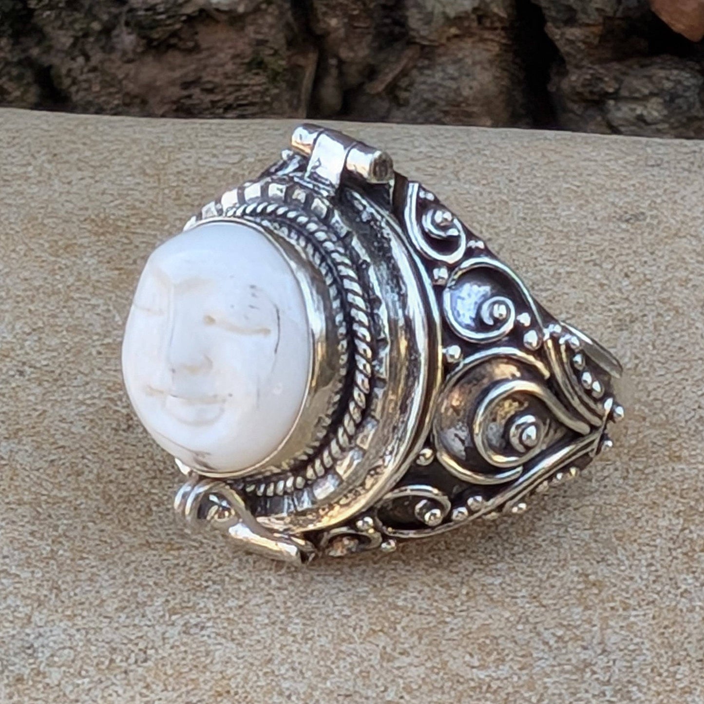 Moon Goddess Ring - Hidden Chamber with Carved Bone (Size 9.5)
