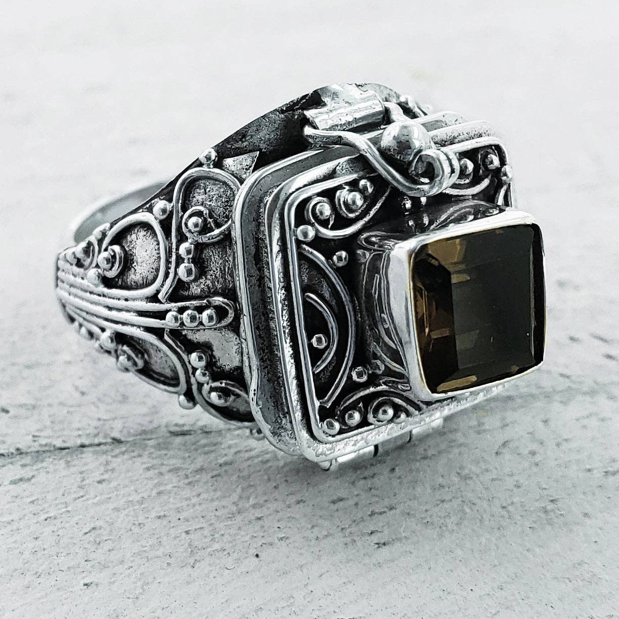 Celtic Goddess Smoky Quartz Ring with Hidden Chamber (size 5)