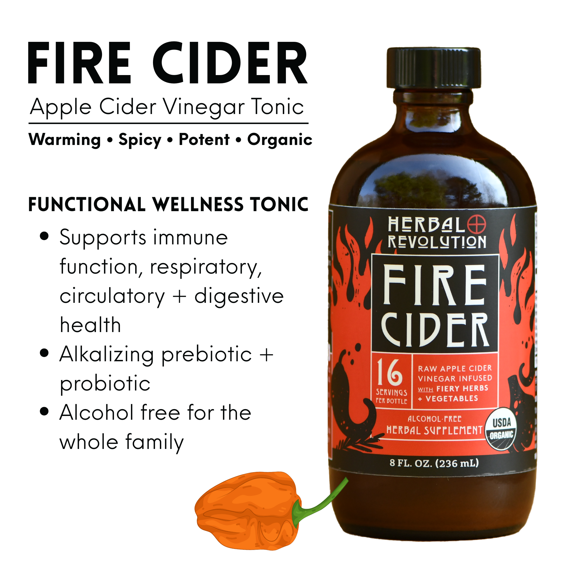 Organic Fire Cider by Herbal Revolution (8 oz) - Glass Bottle