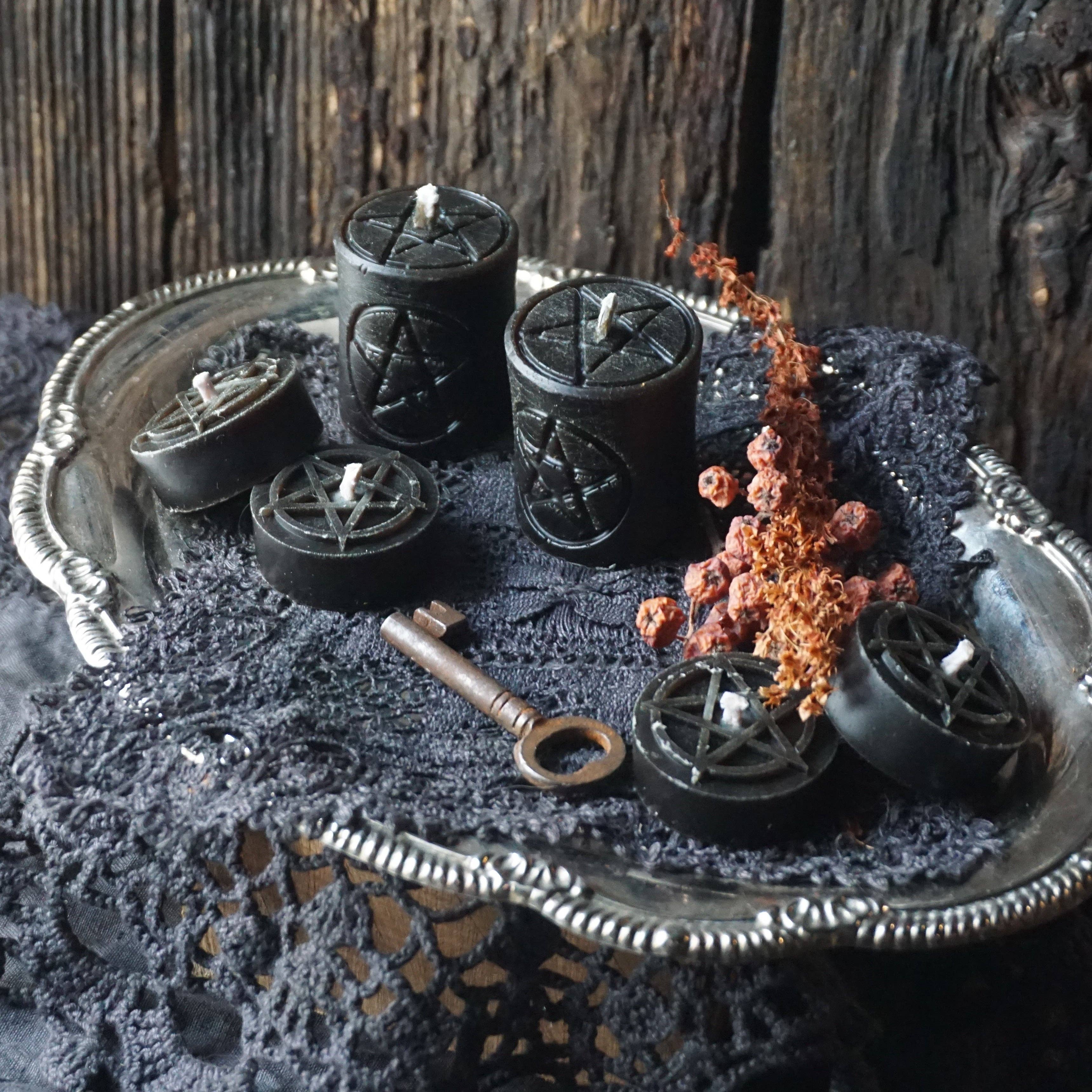 Black Pentagram Beeswax Tea Light Candle