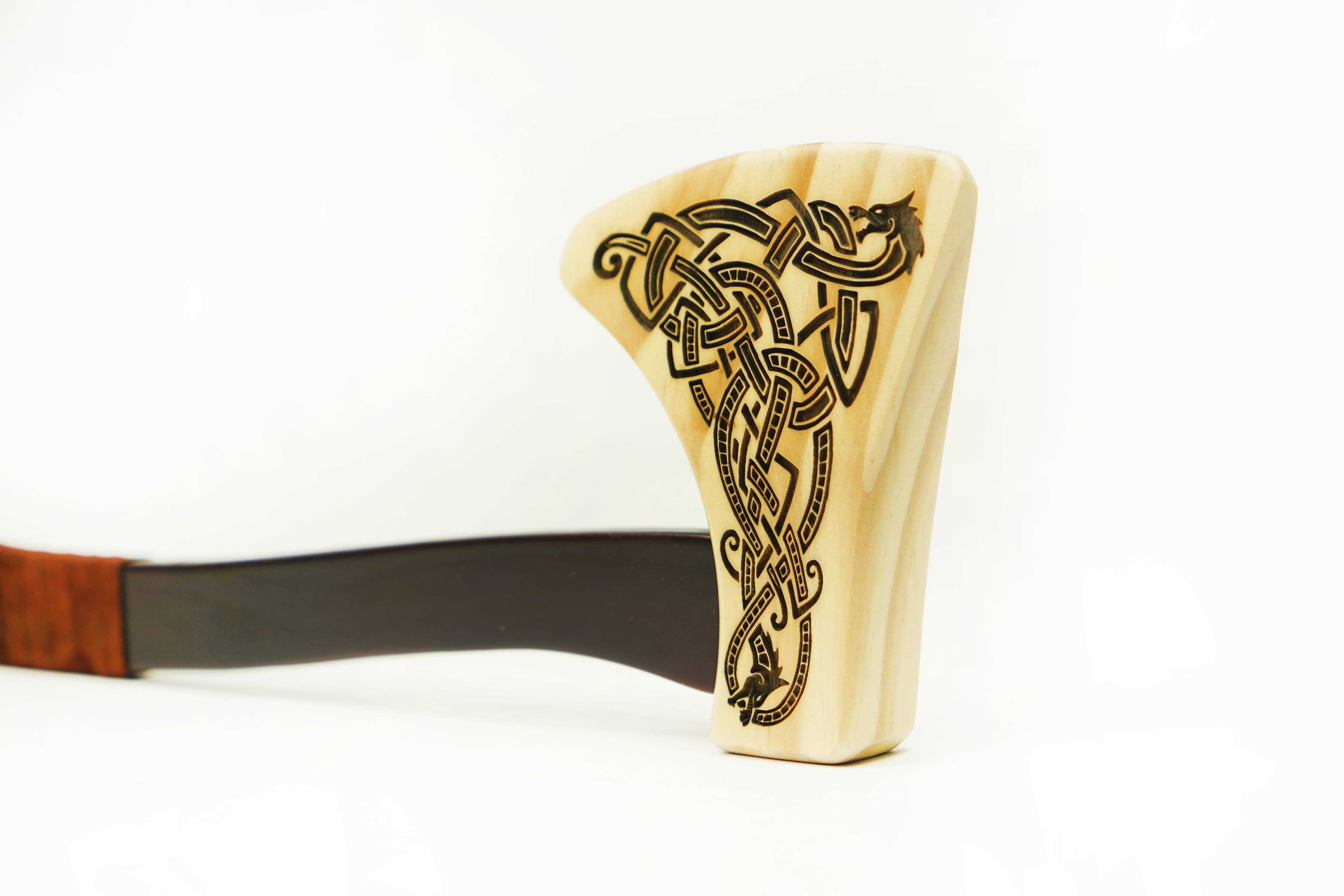 Wooden Play Axe with Norse Motif Engraving and Leather Wrap