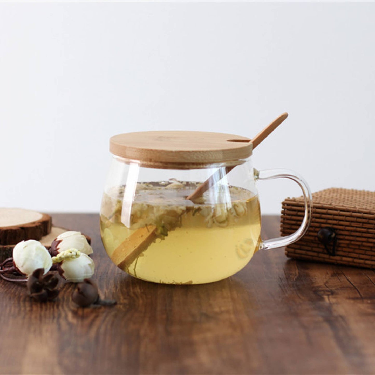 Glass Teacup with Bamboo Lid and Spoon
