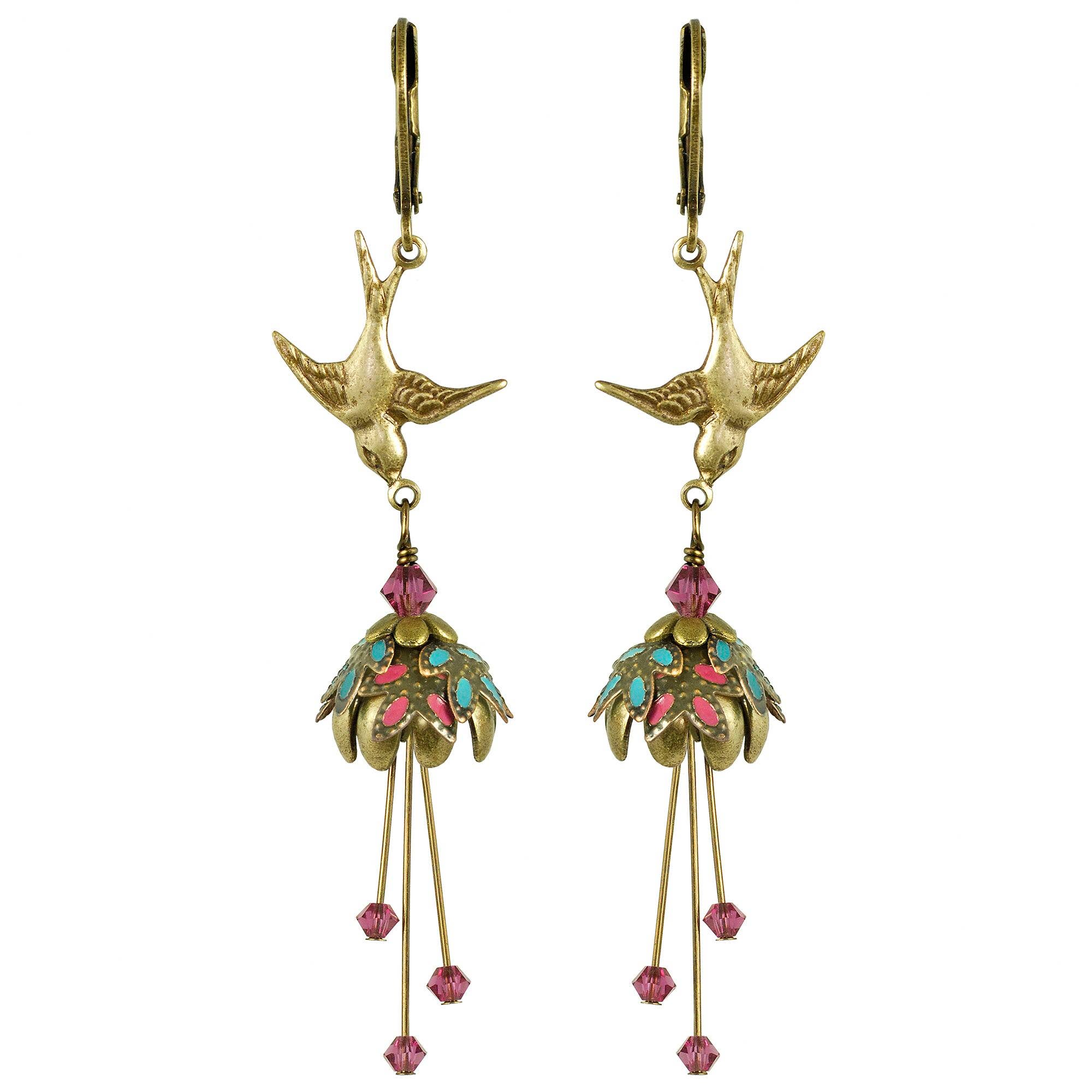 Hand-Painted Antiqued Brass Bird Earrings with Swarovski Crystals