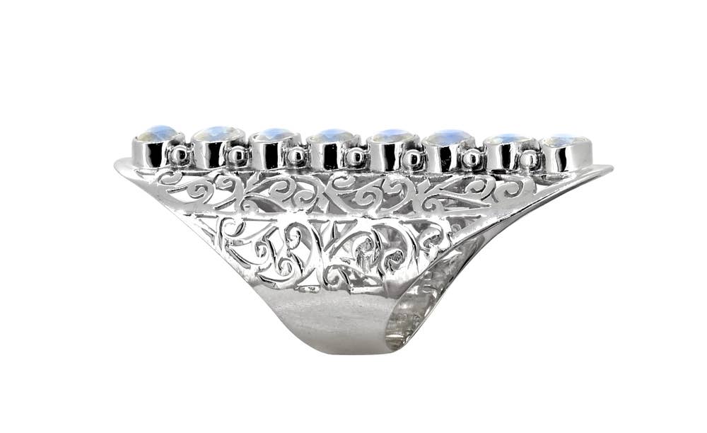 Extra Long Moonstone Ring Stacked in 8 Gemstones, set in Filigree Silver