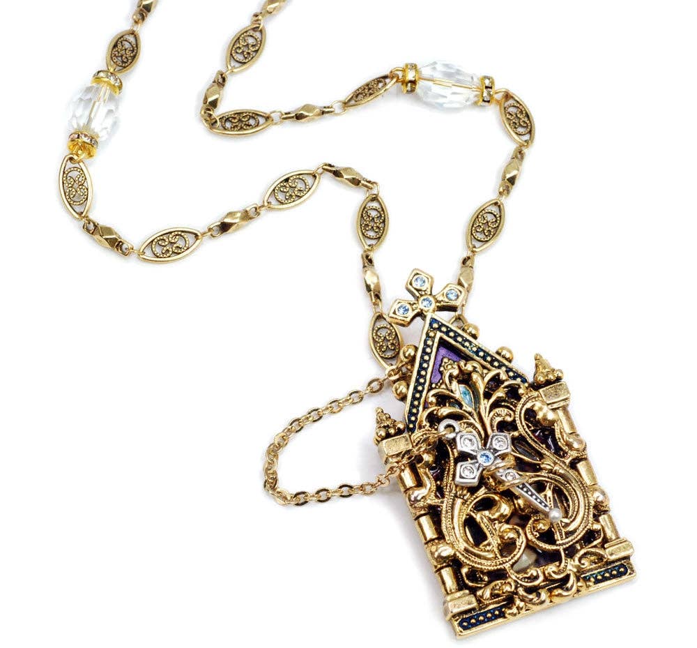 Virgin Mary Goddess Gates of Heaven Necklace (14K Gold Plated with Opening Pendant)