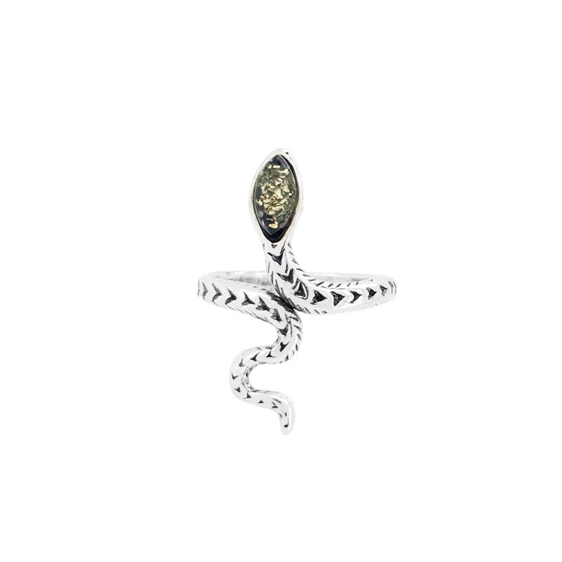 Green Amber Serpentine Wrap Ring - Sterling Silver & Adjustable