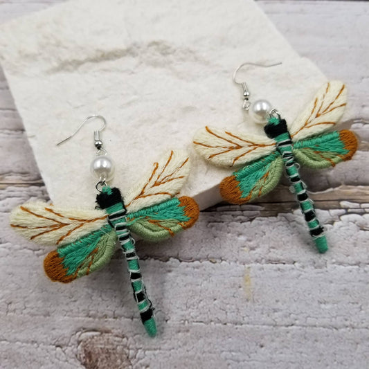 Green Dragonfly Earrings - Woven Cloth Design!