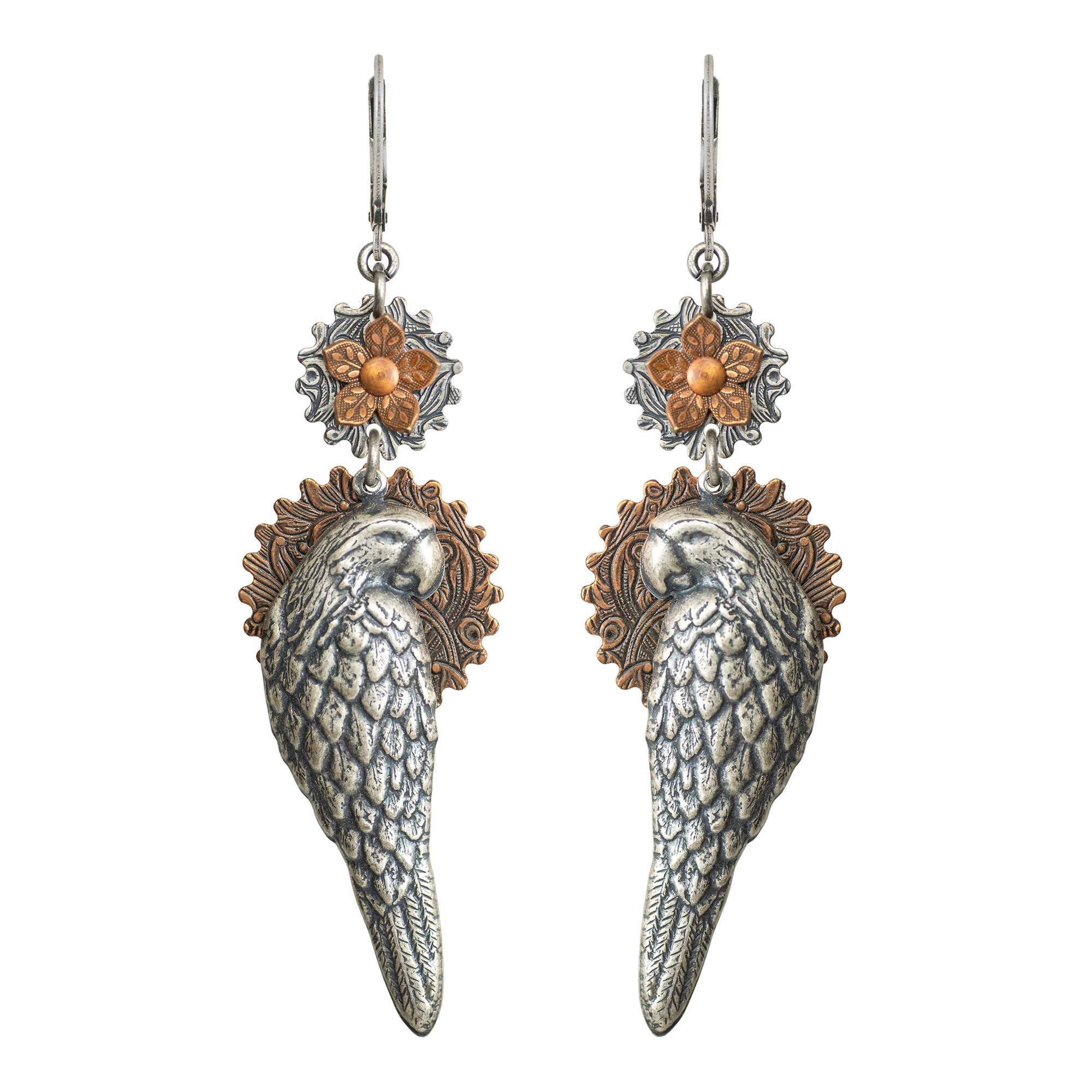 Parrot Earrings with Copper Flowers