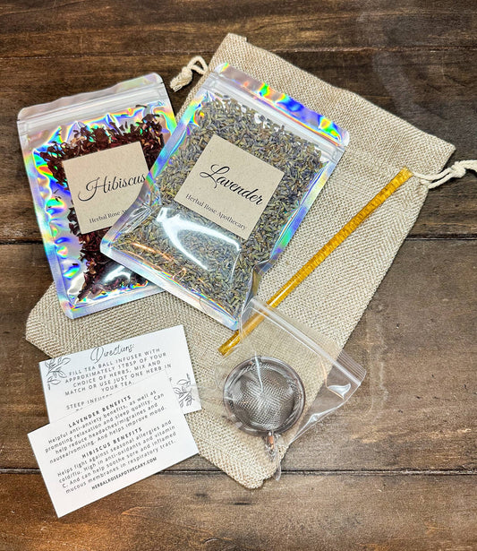 Herbal Tea Kit - Includes Herbal Teas, Tea Infuser, Honey Stick, & Natural Burlap Gift Bag! GET WELL SOON