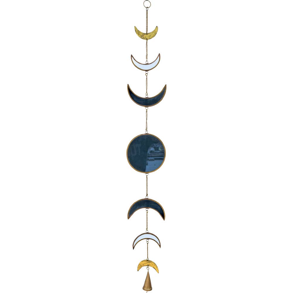 Hanging carved Glass & Metal Moon Phases Charm, 4 feet