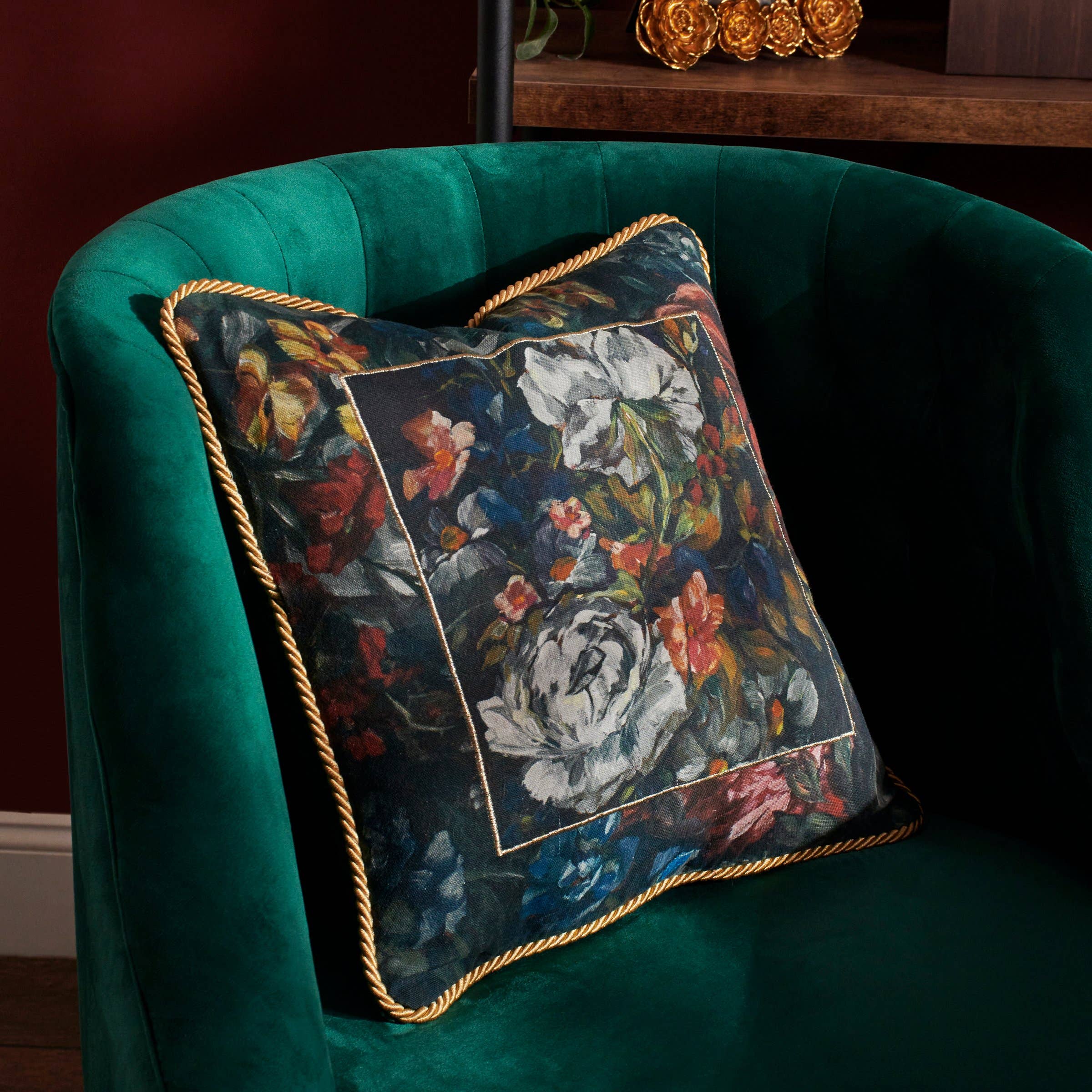 Green Velvet Rose Floral Throw Pillow