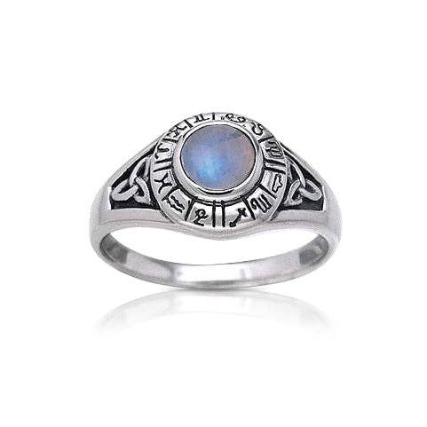Zodiac Wheel with Moonstone Center & Celtic Knot Ring (Size 11)