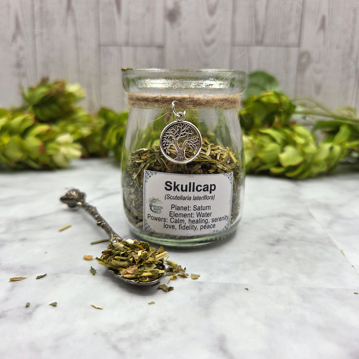 Dried Skullcap in Apothecary Herb Jar w/Tree of Life Charm