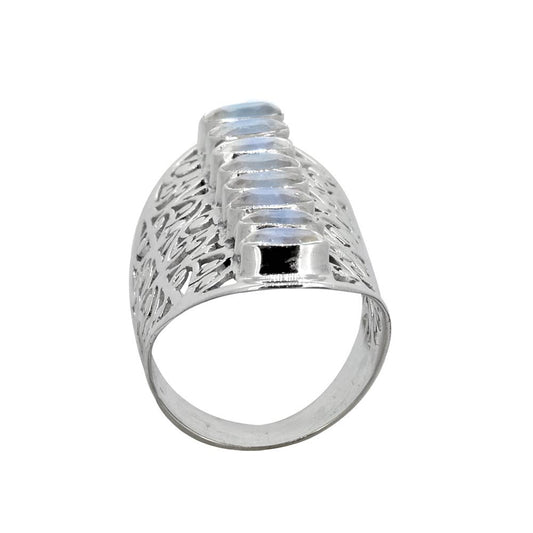 Extra Long Moonstone Ring Stacked in 8 Gemstones, set in Filigree Silver