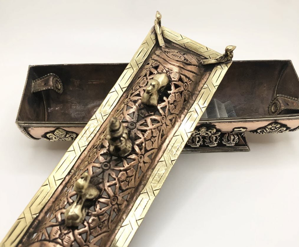 Copper & Brass Tibetan Incense Burner with Deer and Eight Auspicious Symbols