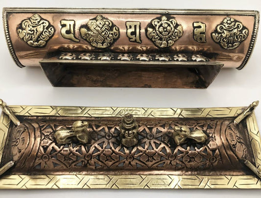 Copper & Brass Tibetan Incense Burner with Deer and Eight Auspicious Symbols