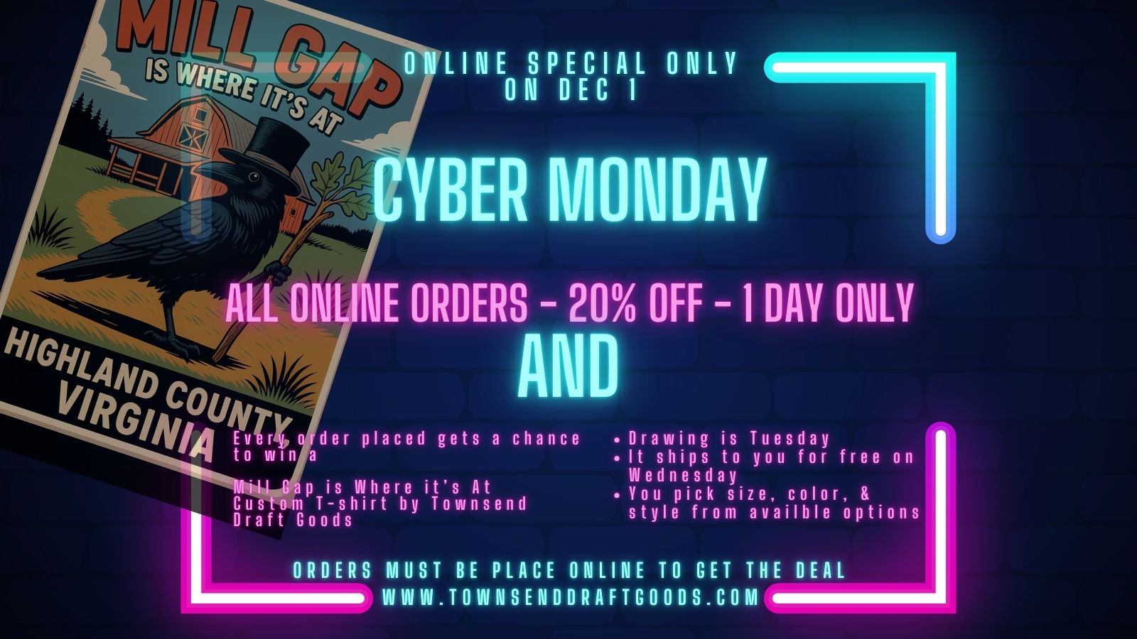 Chance to win a free t-shirt when you order on CYBER MONDAY! Plus, get 20% off - Biggest sale of the year!